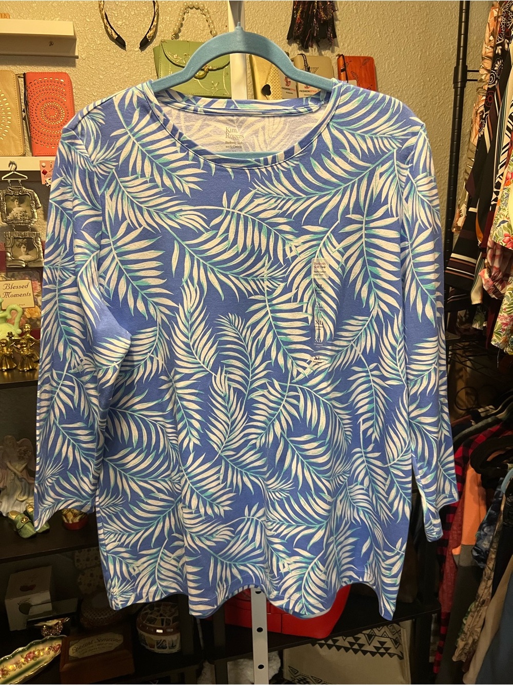 Kim Rogers Blue Palm-Leaf Long Sleeve Tee